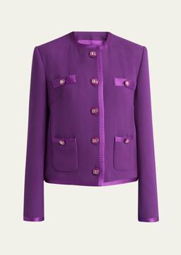 Satin-Trim Wool Crepe Collarless Jacket