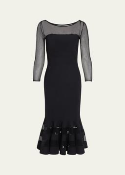 Boat-Neck Illusion Midi Dress