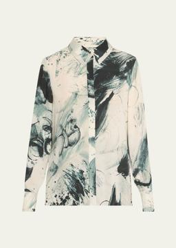 Brushstroke Print Georgette Button Down Blouse