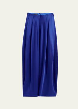 Double Silk Satin Pleated Midi Skirt