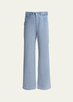 Distressed Boucle Denim Wide-Leg Jeans