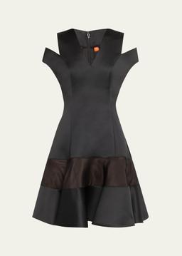 Shoulder Cut Out Flounce Satin Organza Dress