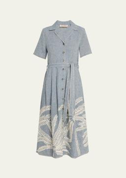 Claudia Palm-Embroidered Belted Midi Dress