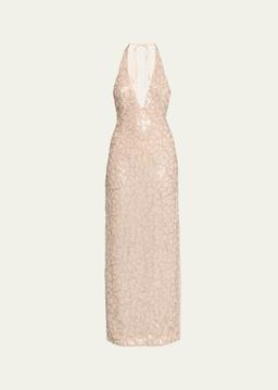 Sequined Floral Halter Dress