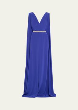 Deep V Crepe Gown With Crystal Belt