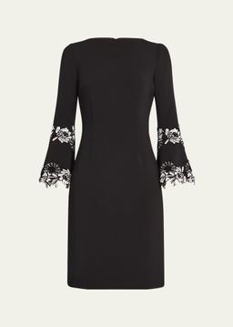 Bell-Sleeve Floral Applique Crepe Dress