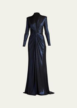 Twist-Front Metallic Jersey Column Gown