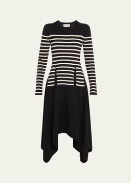 Striped Long Sleeve Midi Merino Wool Dress