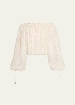 Gathered Off-the-Shoulder Metallic Dot Top