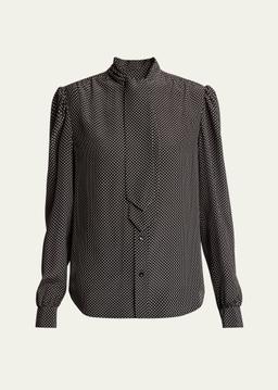 Polka Dot Tie-Neck Button Down Silk Blouse
