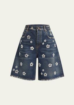 Daisy Sequined Wide-Leg Denim Bermuda Shorts