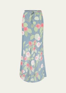 Flower Printed Drawstring Silk Maxi Skirt