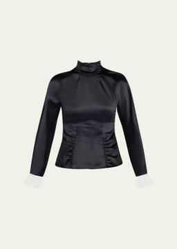 Ruched Satin Long-Sleeve Top
