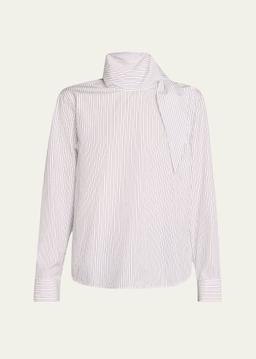 Pinstripe Poplin Tie-Neck Blouse