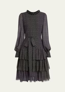 Polka Dot Tiered Georgette Self-Tie Short Dress