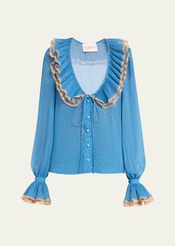 Ruffle Polka Dot Lace Trim Blouse