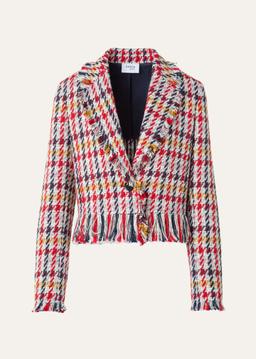 Cropped Checked Tweed Jacket with Maxi Fringe