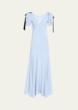 Velvet Bow Silk Crepe Bias Maxi Dress