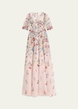Floral-Embroidered Illusion Tulle Gown