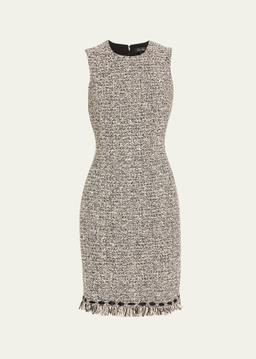 Ribbon-Trim Fringed Tweed Dress