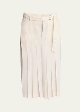 Pleated Belted Wool Midi Skirt