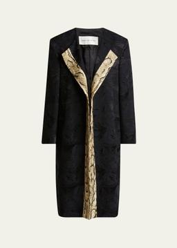 Rivkam Floral Snakeskin-Trim Open Front Coat