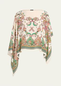 Paisley-Print Silk Asymmetric Poncho