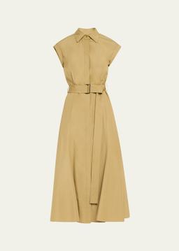 Belted Cap-Sleeve Cotton Midi Shirtdress