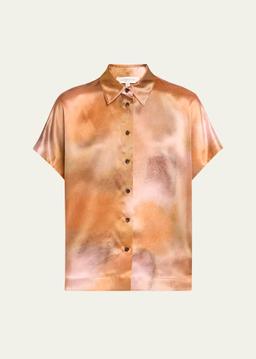 Dolman-Sleeve Silk Oversized Button-Down Blouse