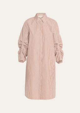 Striped Pleated-Sleeve Midi Shirtdress