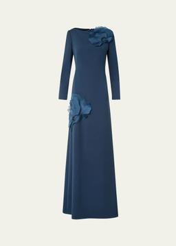 Organza Anemone Corsage Long-Sleeve Crepe Gown