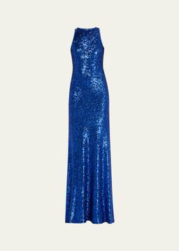 Ombre Stretch Sequin Halter Gown