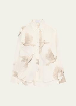 Bird Print Oversized Silk Top