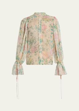 Floral Silk Balloon-Sleeve Button-Down Top