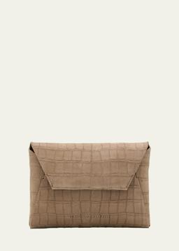 Duo Mini Croc-Embossed Suede Pouchette Clutch Bag