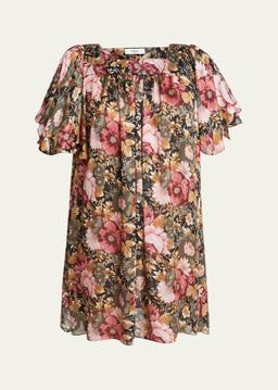 Rose Print Pleated Mini Silk Dress
