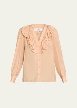 Ruffled V-Neck Silk Blouse
