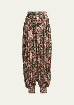 Floral Pleated Silk Pants