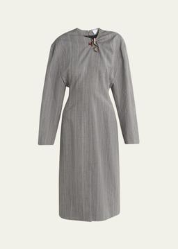 Subtle Stripe Melange Wool Dress with Frog Brooch