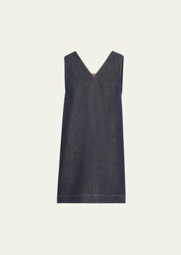 Short V-Neck Denim Tank Dress with Monili Insert
