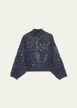Wool-Cashmere Paillette Open-Knit Zip Cardigan