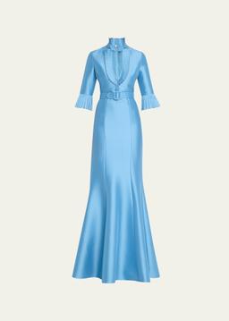 Pleated-Trim Trumpet Mikado Gown
