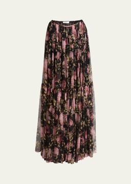 Gathered Floral Georgette Maxi Skirt