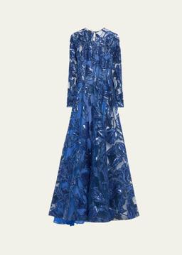 Embroidered Floral Beaded Tulle Gown