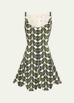 Geometric Fit-and-Flare Scalloped Wool Mini Dress