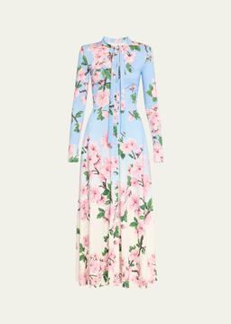 Cherry Blossom Degrade Jersey Long-Sleeve Maxi Dress
