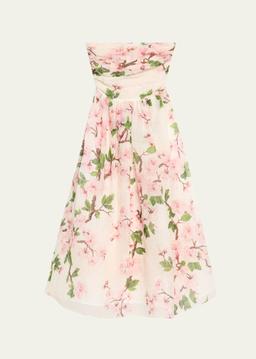 Strapless Cherry Blossom Draped Organza Dress