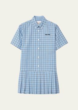 Check Short-Sleeve Pleated Mini Shirtdress