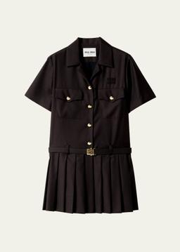 Short-Sleeve Pleated Mini Shirtdress With Belt