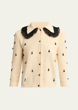 Pointelle Micro Tassel Ruffled Cardigan